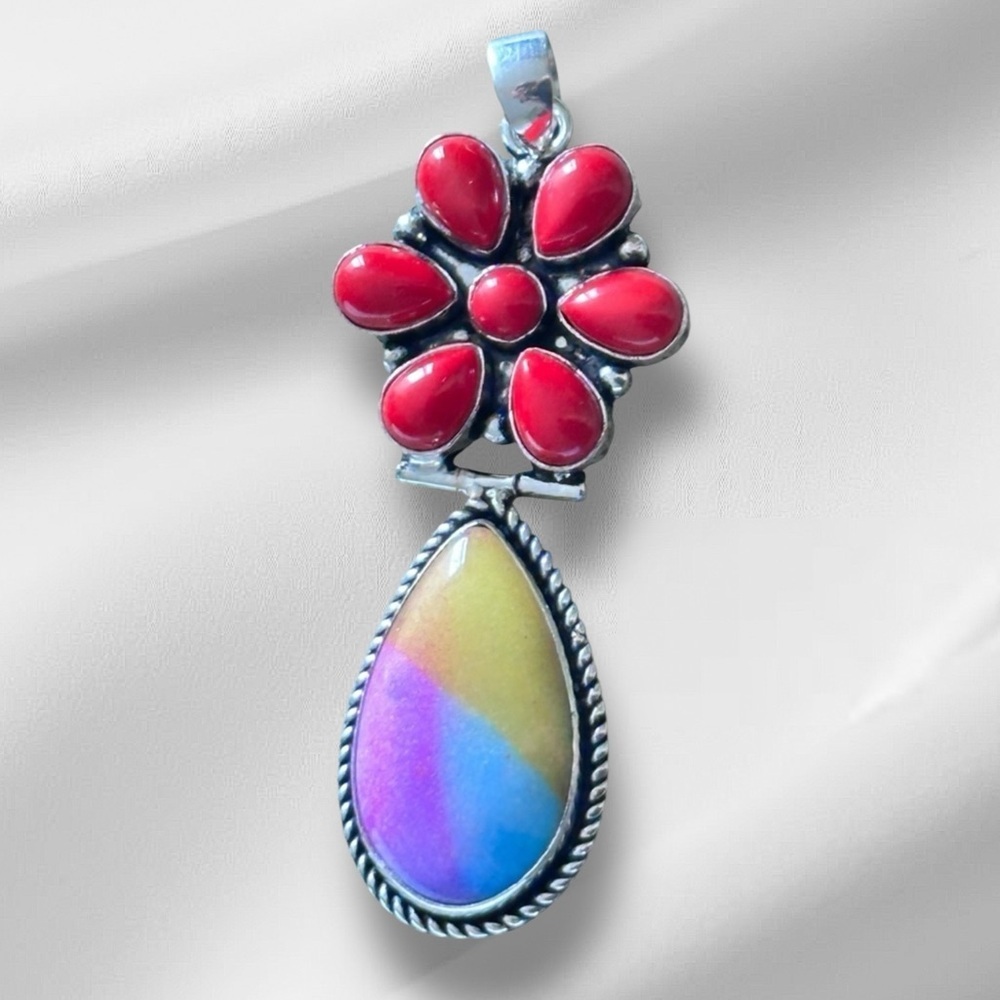 Artisan Jewelry Red Coral Floral Pendant with Multicolor Teardrop Handcrafted